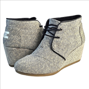 Toms Desert Wedge Linen Tweed Black White Metallic Gold Lace-up Ankle Bootie
